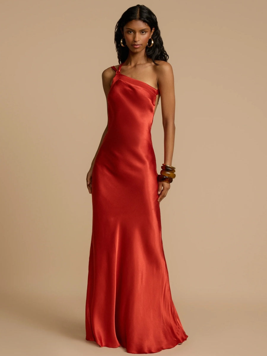 Zippered Single Shoulder Satin Maxi Dresses