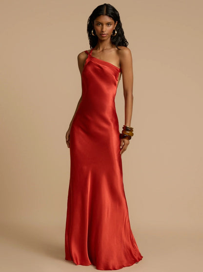 Zippered Single Shoulder Satin Maxi Dresses