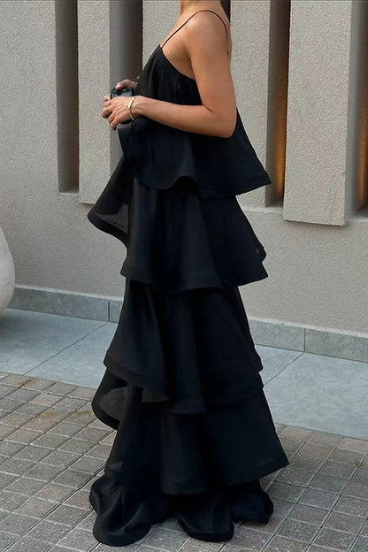 Margovil Adjustable Strap Ruffle Layered Satin Maxi Dress