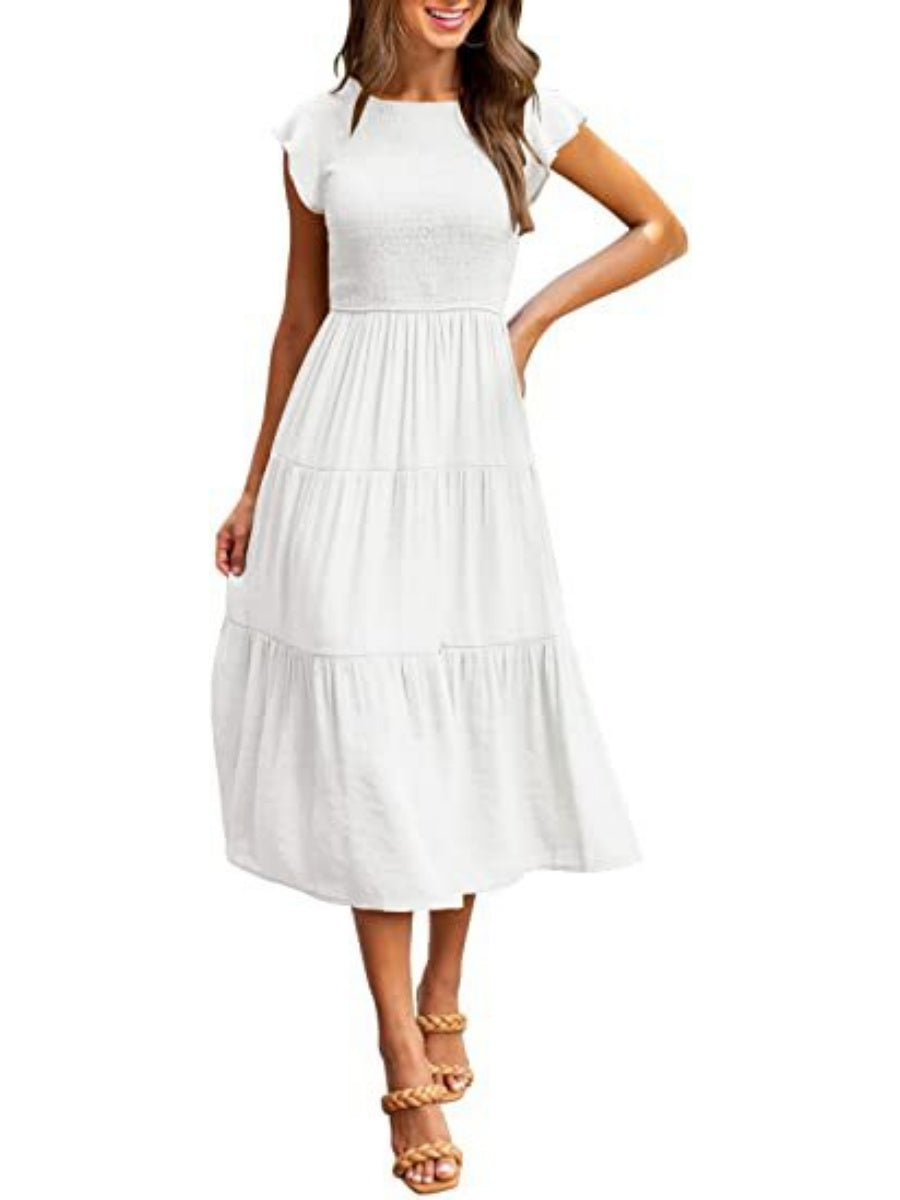 Solid Color Ruched Layered Short-sleeved Maxi Dress