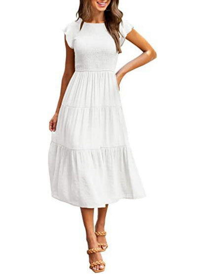 Solid Color Ruched Layered Short-sleeved Maxi Dress