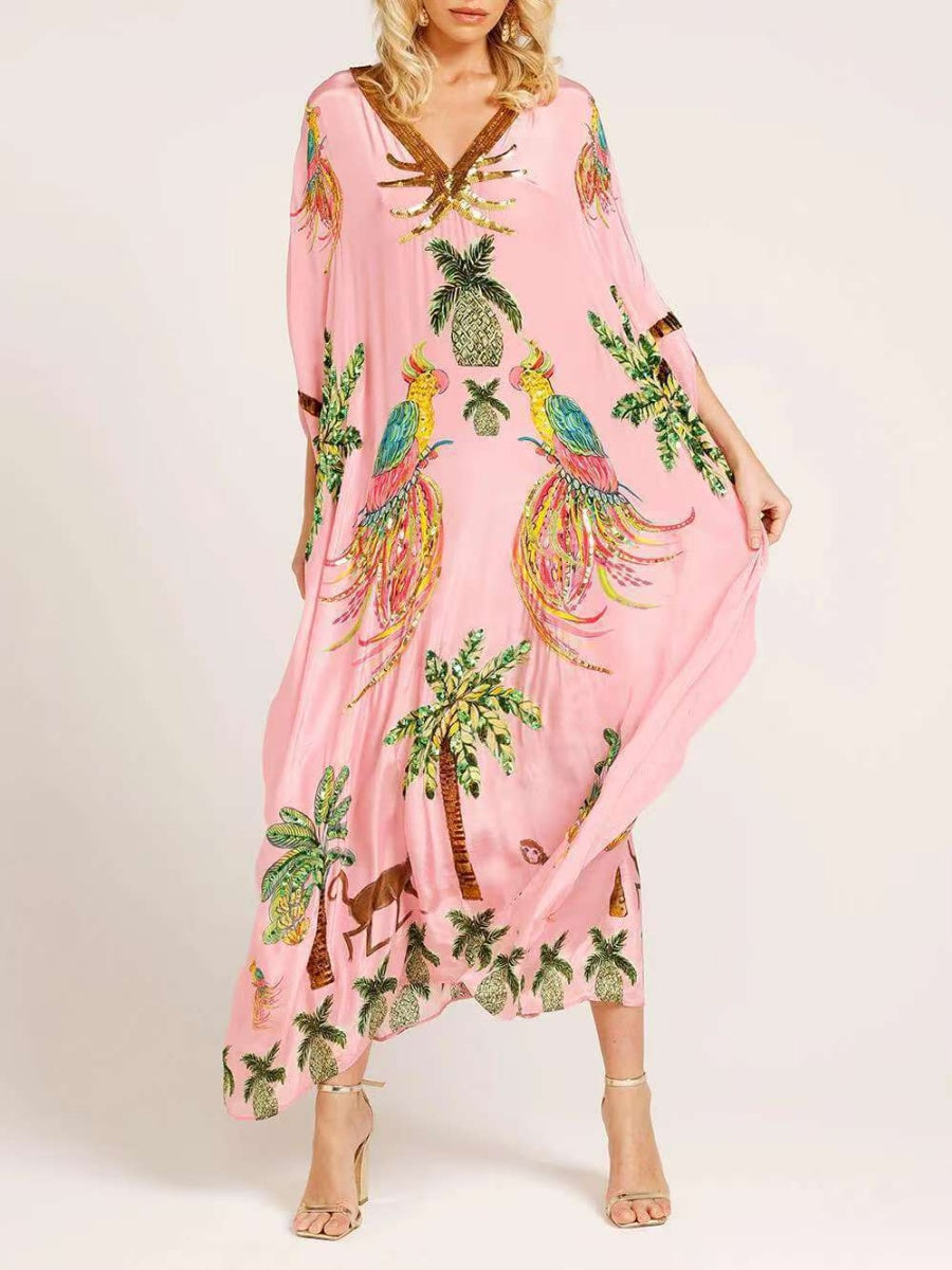 V-neck Floral Print Loose-fitting Long Dress