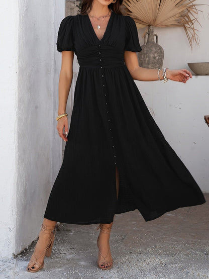Slit Short Sleeve V-neck Vacation And Leisure Maxi Dresses