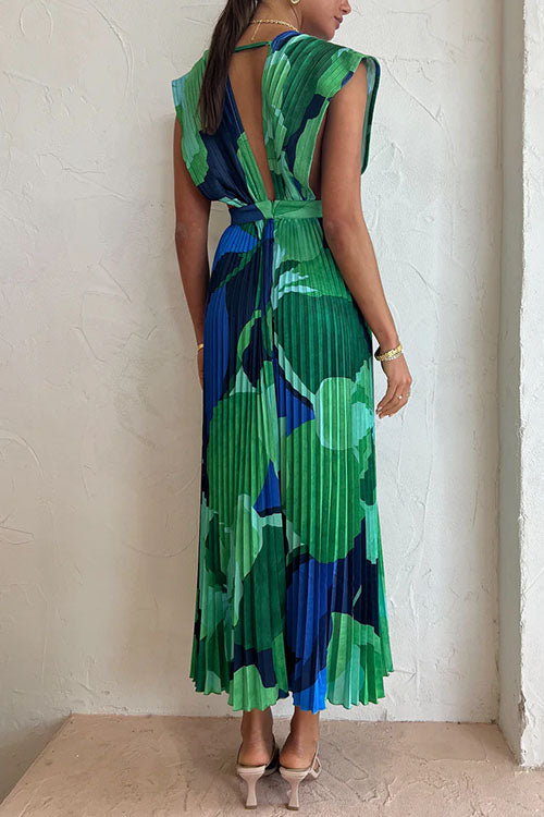 Margovil V Neck Waisted Back Cut Out Printed Maxi Pleated Dress
