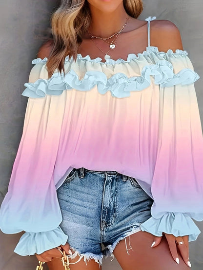 Off-shoulder Color-blocked Gradient Lace T-shirt
