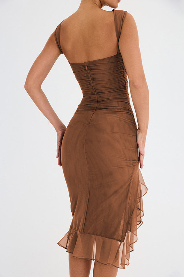 Crew Neck Ruched Mesh Bodycon Asymmetric Ruffle Hem Side Slit Midi Dress