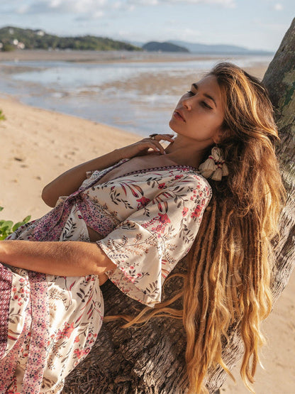 Deep V Neck Floral Print High Low Ruffle Lace Insert Maxi Dress
