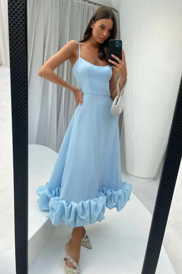 Corset Bustier Scoop Neck Spaghetti Strap Flounce Hem Midi Dress
