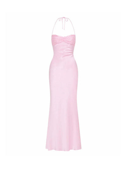 Strapless Sequined Satin Backless Tie-waist Bodycon Maxi Dress