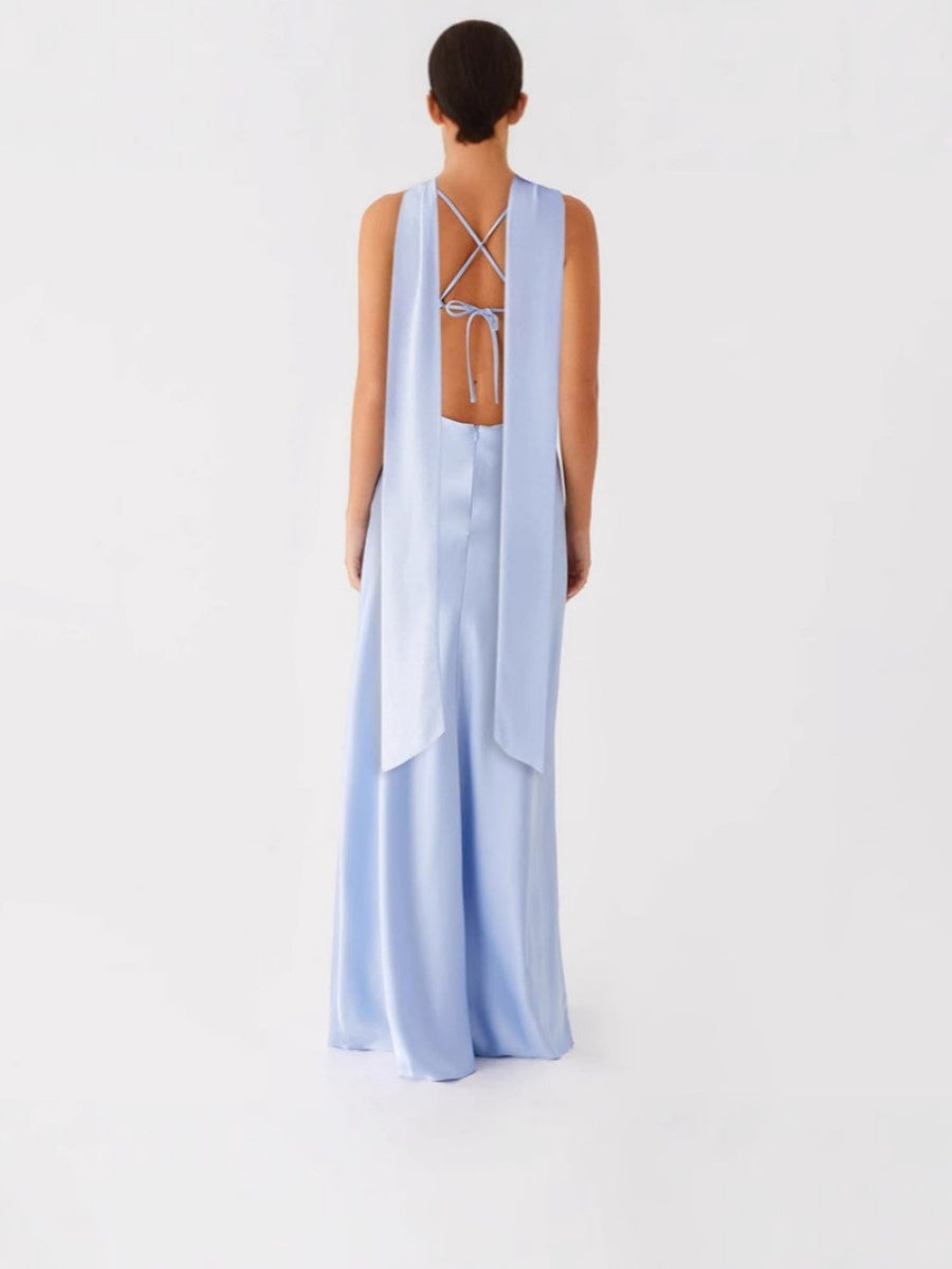 V-neck, Tie-up, Backless Satin Maxi Dress With A Resort Style