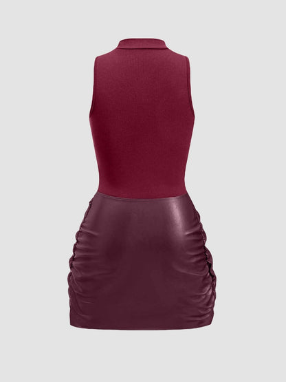 Sleeveless Mini Dress With Front Tie And PU Trim Two-piece Set