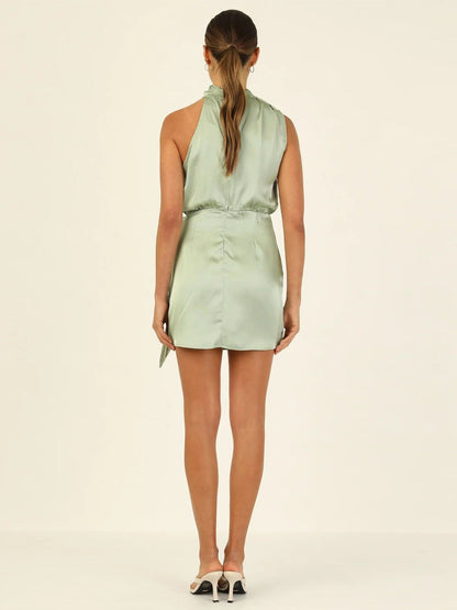 Satin Belted Sleeveless Stand Collar Tie Waist Short Dress