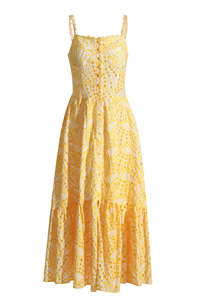Eyelet Embroidery Spaghetti Strap Smocked Tiered Ruffle Hem Maxi Dress