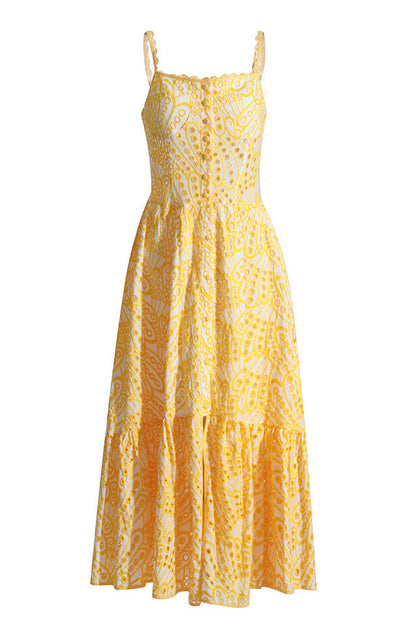 Eyelet Embroidery Spaghetti Strap Smocked Tiered Ruffle Hem Maxi Dress