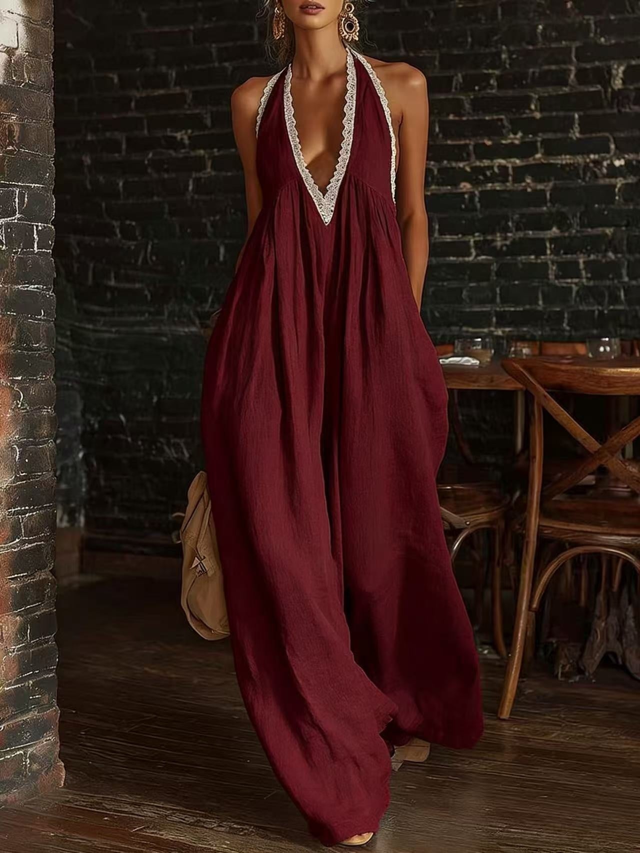 Elegant And Comfortable Lace-trimmed Loose Linen Jumpsuit