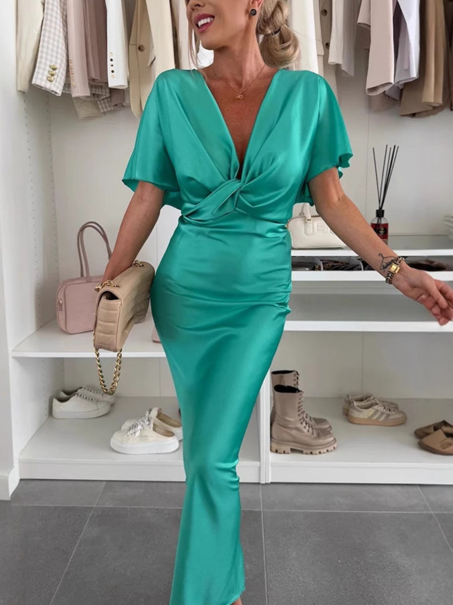 Liber Spring Women's Twisting Chest Solid Color Satin Long Dress