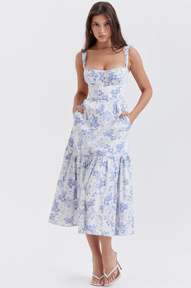 Floral Print Sweetheart Bustier Wide Strap Tiered Ruffle Hem Midi Dress