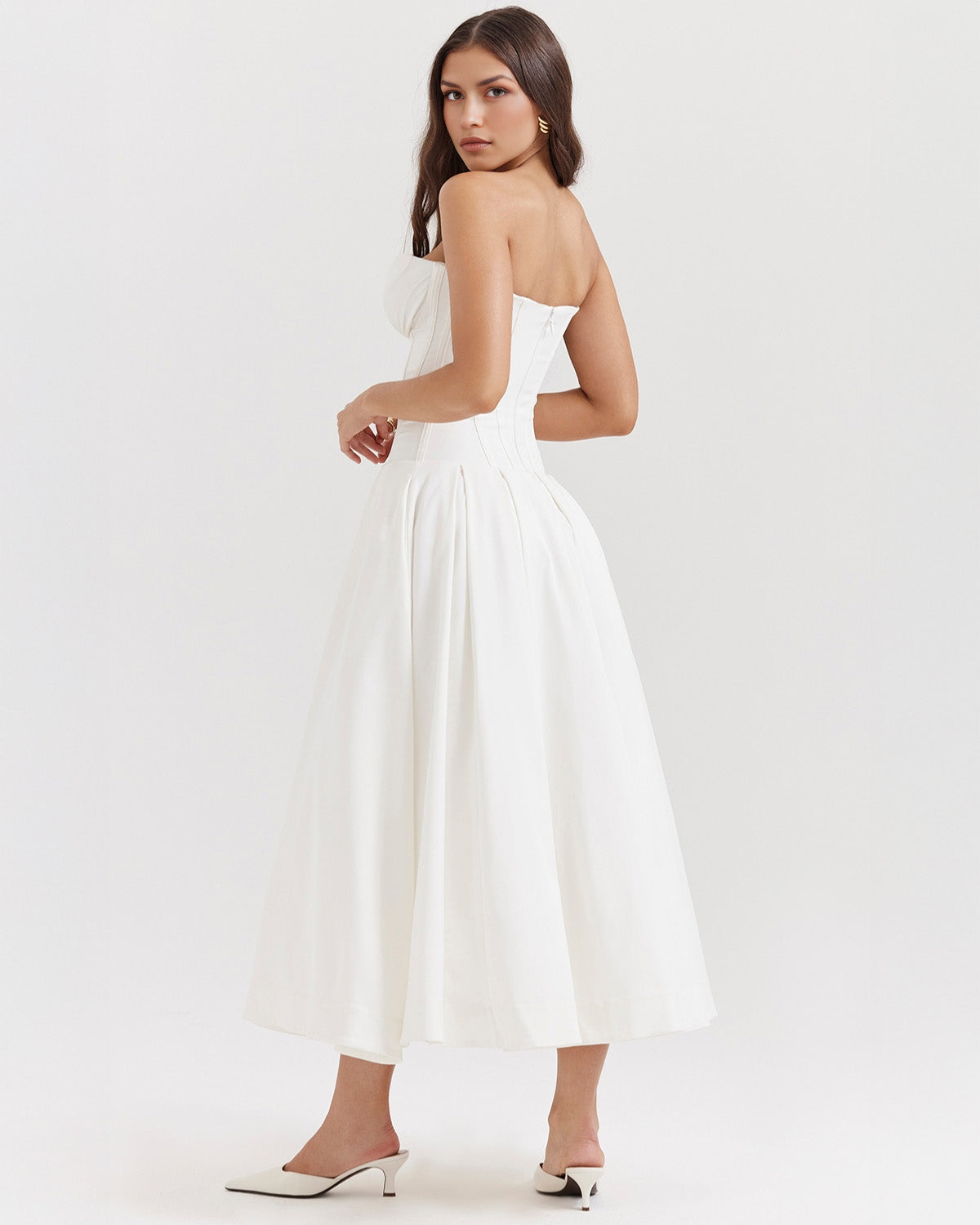 Strapless Pointed Sweetheart Corset Bodice Box Pleat A-Line Midi Dress