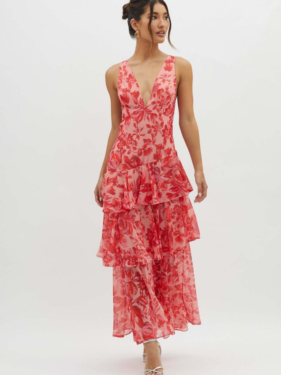 Floral Print Slim Fit Ruffled Spaghetti Strap Maxi Dress