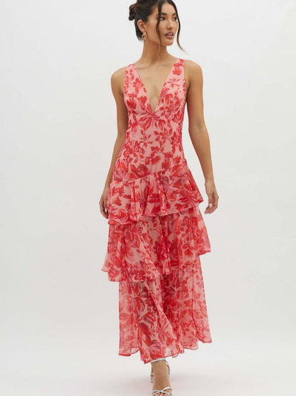 Floral Print Slim Fit Ruffled Spaghetti Strap Maxi Dress