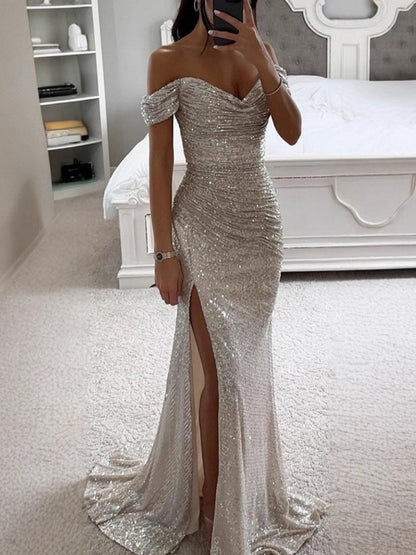 Sequins One-shoulder Collar Slit Pleated Maxi Dresses
