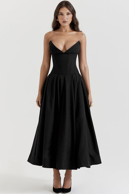 Strapless Deep Plunge Corset Boned Pleated A-Line Midi Dress