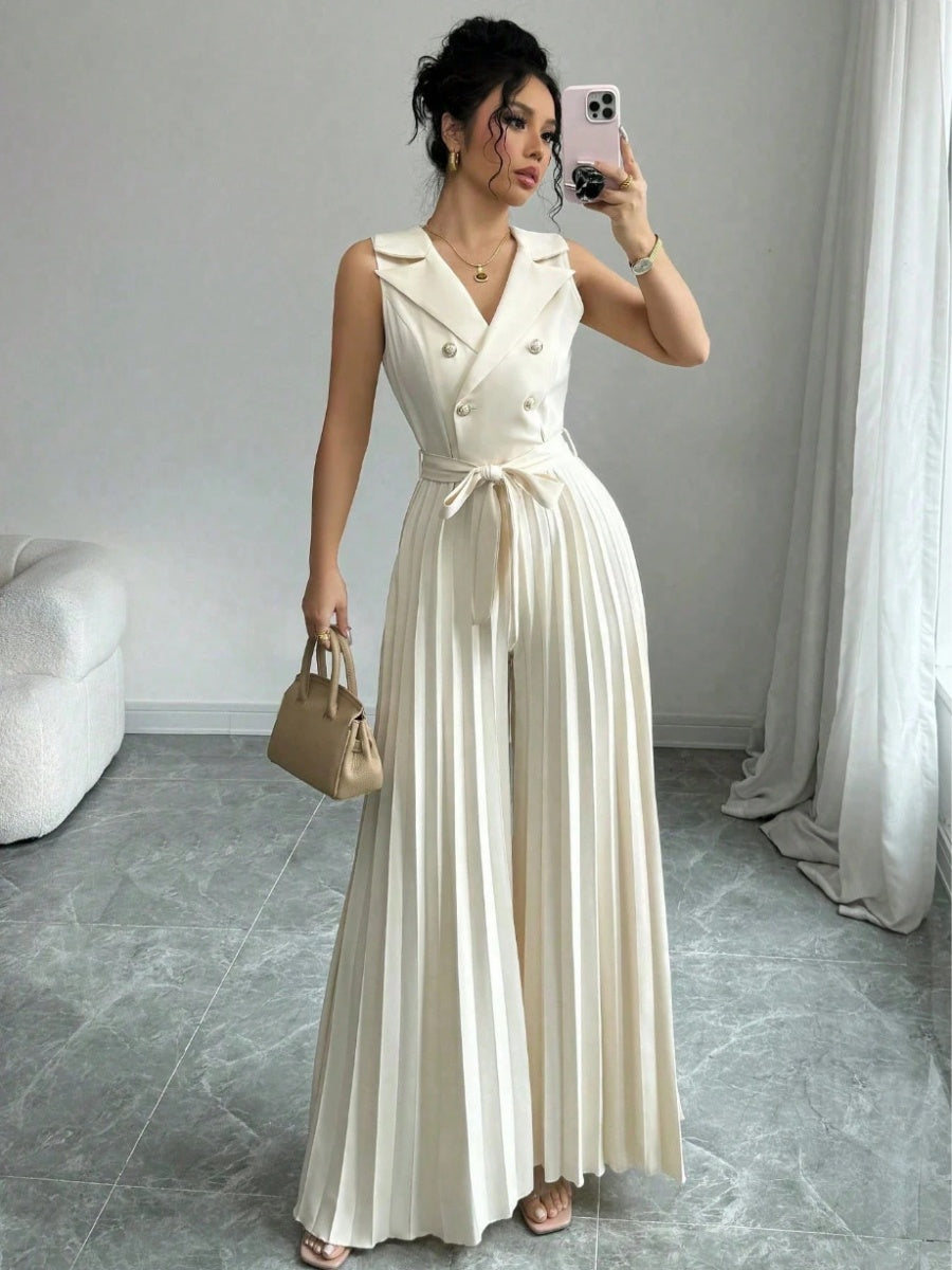 Commuting Suit Collar Pleated Pants Double-breasted Jumpsuits
