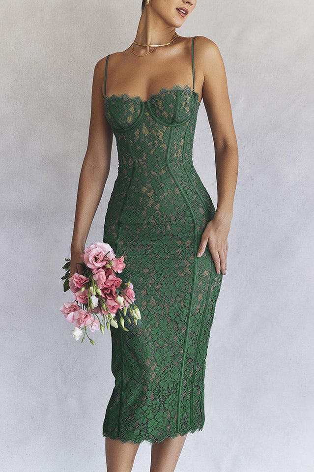 Corset Bodice Floral Lace Spaghetti Strap Scalloped Hem Midi Dress