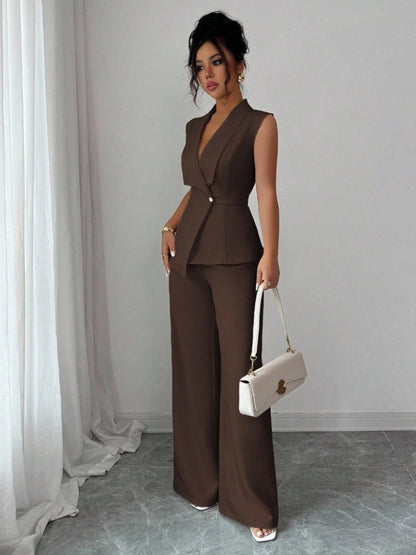 Commuting Sleeveless Suit Collar Vests Straight-leg Pants Set 2-piece Sets