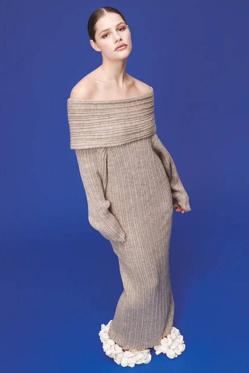 | Solid Off Shoulder Bodycon Knit Maxi Dress