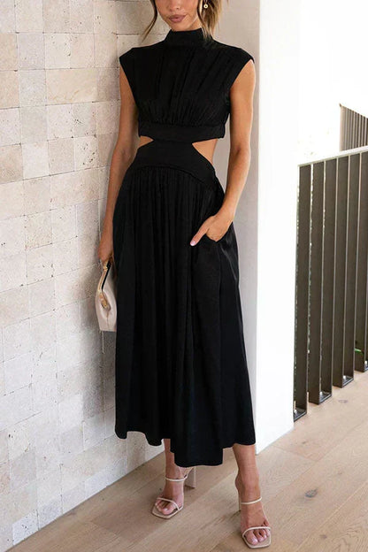 Mock Neck Sleeveless Side Waist Cutout Pleated A-Line Maxi Dress