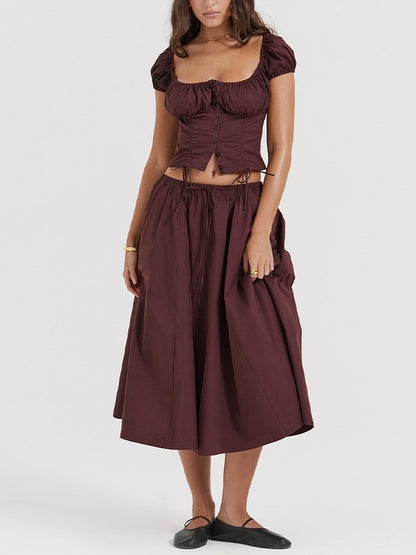 Solid Drawstring Puff Sleeve Cropped Tee & Midi Skirt Set
