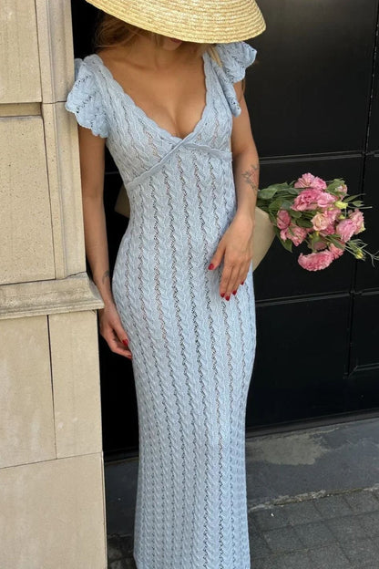| Ruffle V Neck Knit Maxi Dress