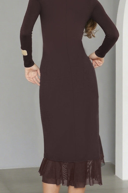 Deep V Neck Ruffle Trim Long Sleeve Asymmetric Ruffle Hem Bodycon Midi Dress