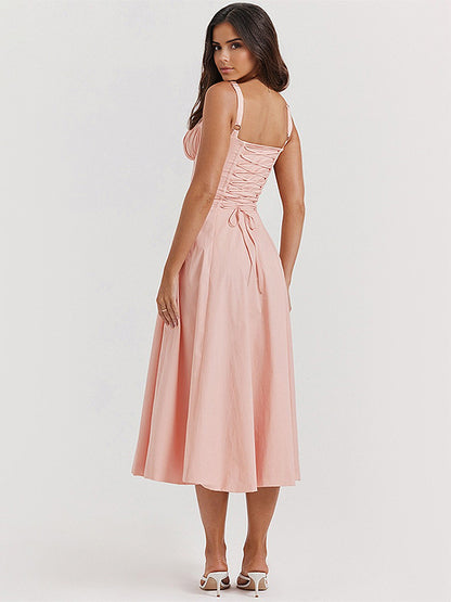 Soft Pink Summer Dress Sleeveless Straps Neck Cottagecore Lace Up Midi Dress For Women