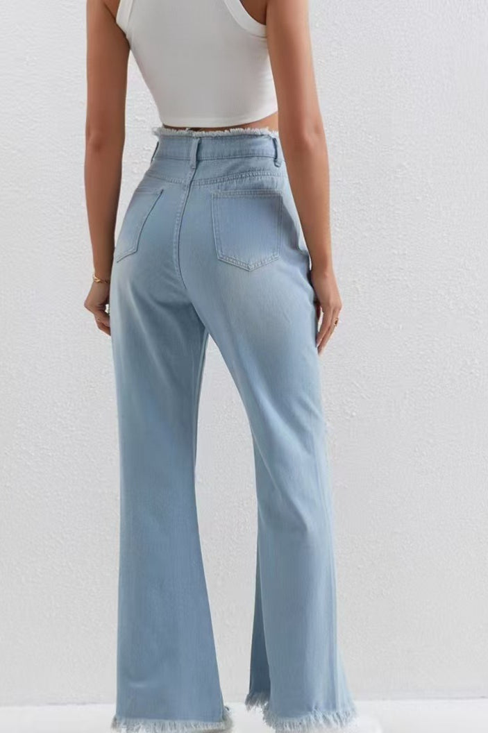 Washed Blue Ripped Patchwork Raw Hem Slim Fit Flare Jeans