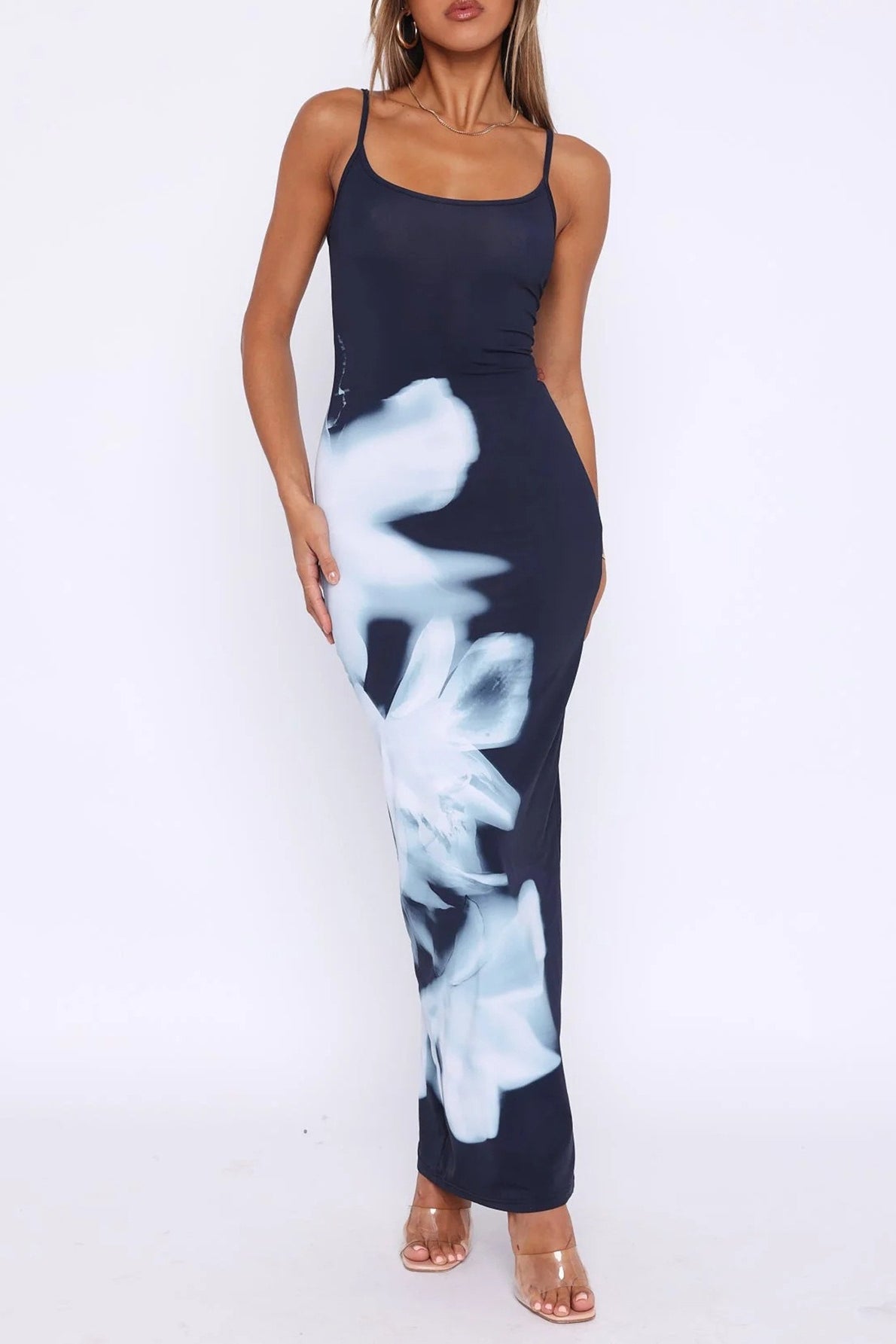 Floral Print Square Neck Spaghetti Strap Bodycon Maxi Dress