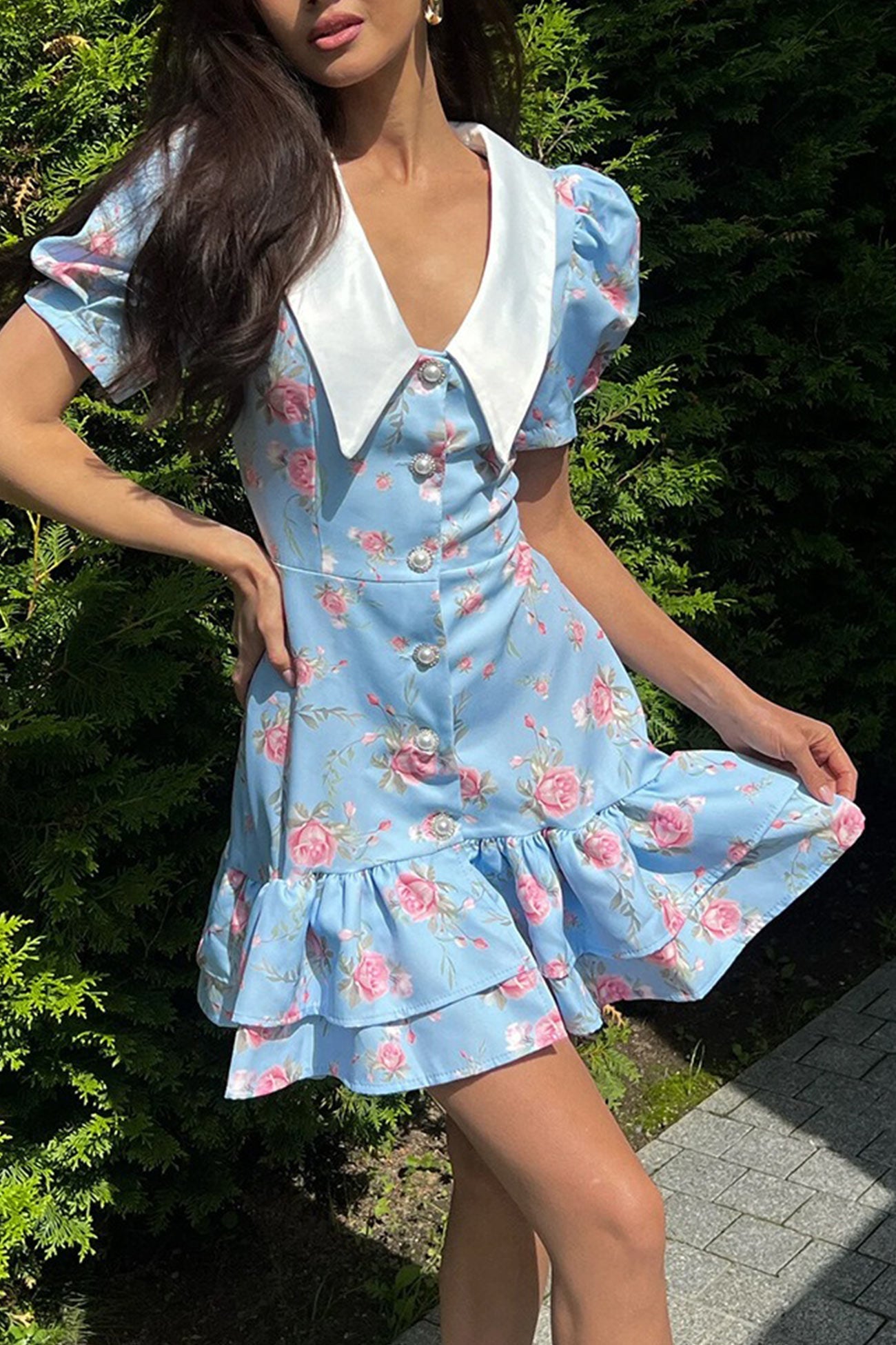 V-Neck Puff Sleeve A-line Ruffle Mini Dress