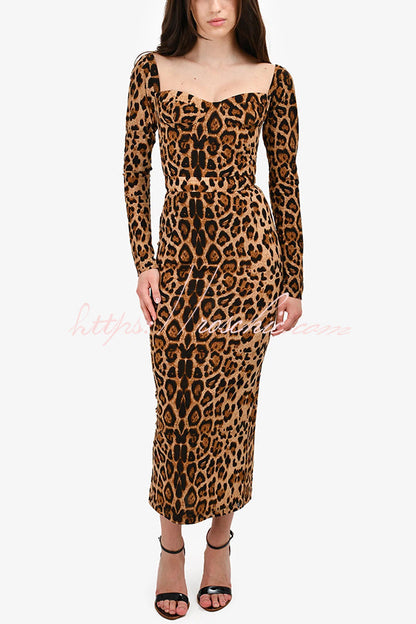 Leopard Print Long Sleeve Sexy Slim Fit Midi Dress