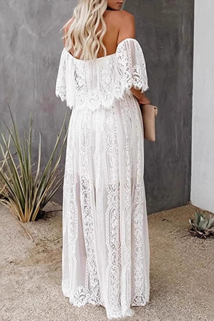 Off-Shoulder Floral Lace Overlay Scalloped Sheer Boho Maxi Dress