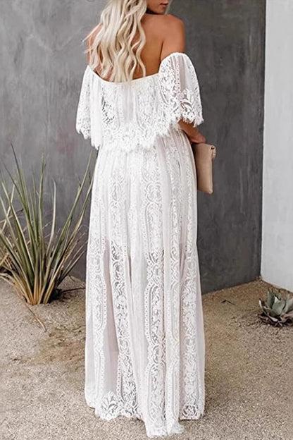 Off-Shoulder Floral Lace Overlay Scalloped Sheer Boho Maxi Dress