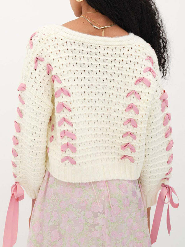 Cutout V Neck Lace Up Loose Short Knit Cardigan