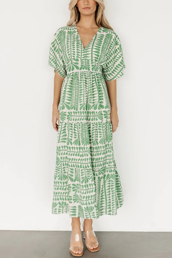 Bohemian Style Unique Printed Short Sleeve High Waist Midi Dress