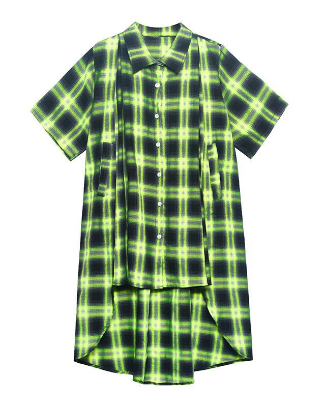 Elegant Green Plaid Cotton Buttonlow high design Summer Maxi Dresses