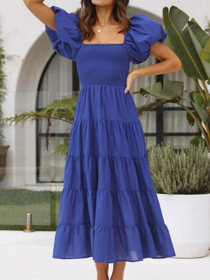 Off-the-shoulder Geometric Color-blocked Print Tulle Skirt With Puff Sleeves Long Dress