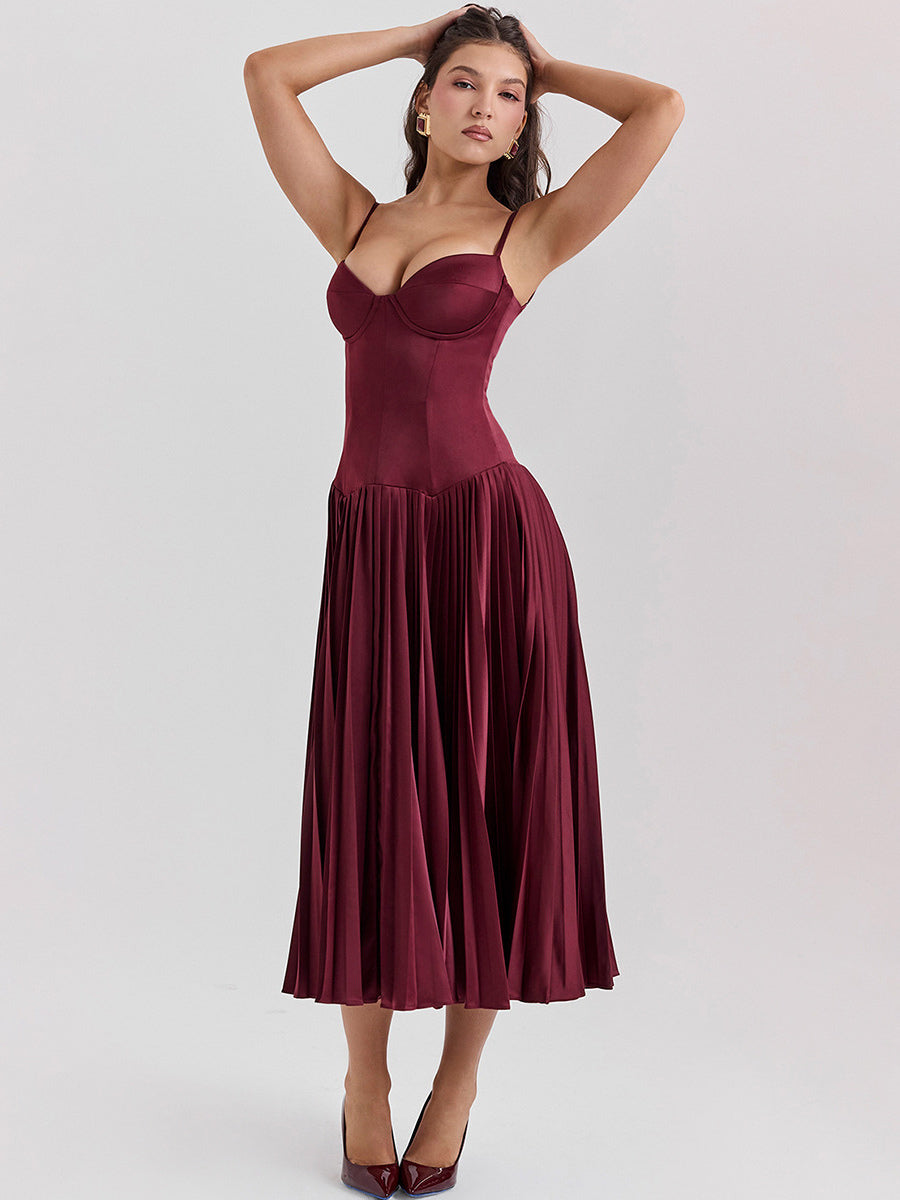 Corset Dress Spaghetti Straps Accordion Pleated Skirt Prom Birthday Party Midi Dresses