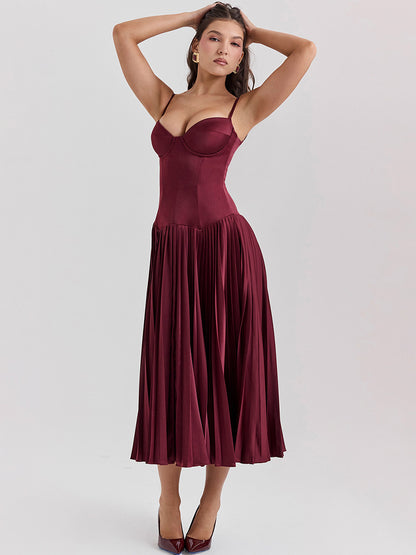 Corset Dress Spaghetti Straps Accordion Pleated Skirt Prom Birthday Party Midi Dresses