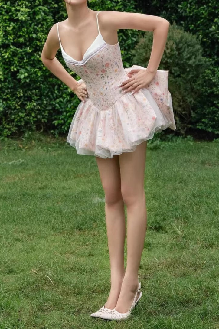 Sweetheart Corset Bodice Lace Trim Tulle Overlay Puff Skirt Bow Back Floral Mini Dress