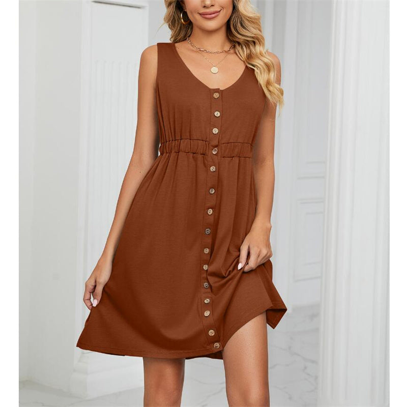Solid Color Sleeveless Mini Dress with Button Details