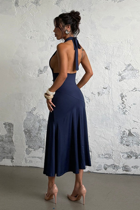 Halter Deep V Neck Backless Ruched Waist Mermaid Hem Maxi Dress